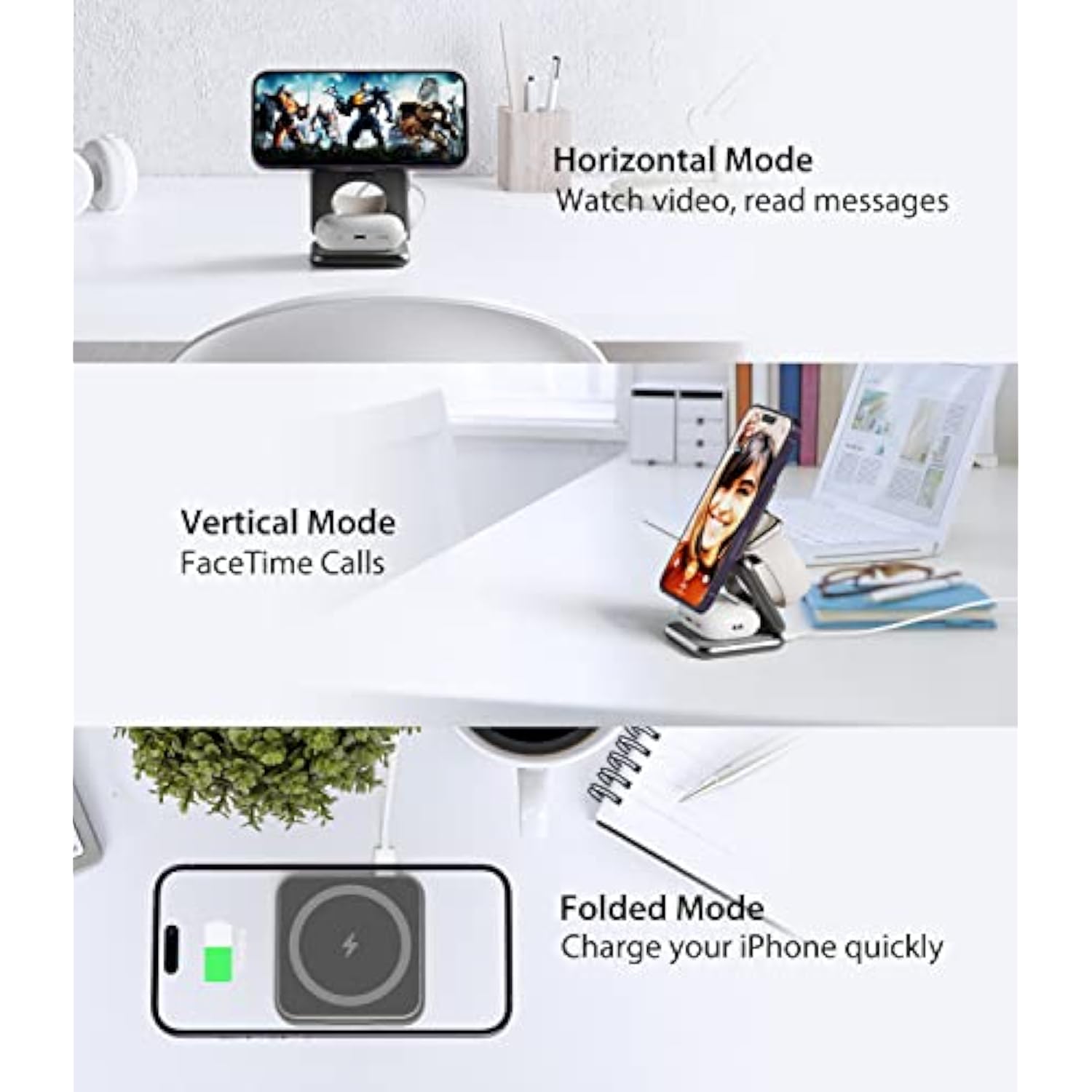 Foldable Magnetic Wireless Charger, X40 Aluminum Alloy 3 In 1 Charging Station For Apple, Fast Mag-Safe Charger Stand For Iphone 16 15 14 13 12 Series, 5W For Iwatch, Airpods 3/2/Pro, Gray