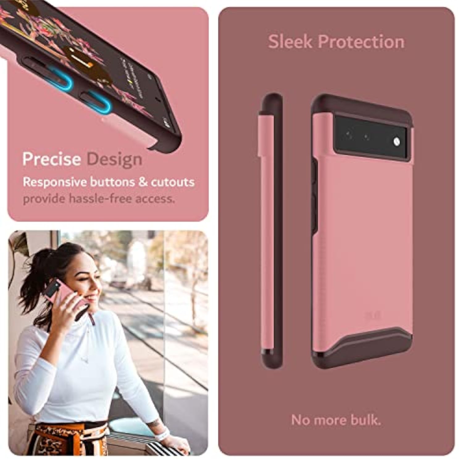 TUDIA DualShield Designed for Google Pixel 6 Case (2021), [Merge] Shockproof Military Grade Slim Heavy Duty Dual Layer Tough Protection for Pixel 6 Phone Case - Smokey Pink