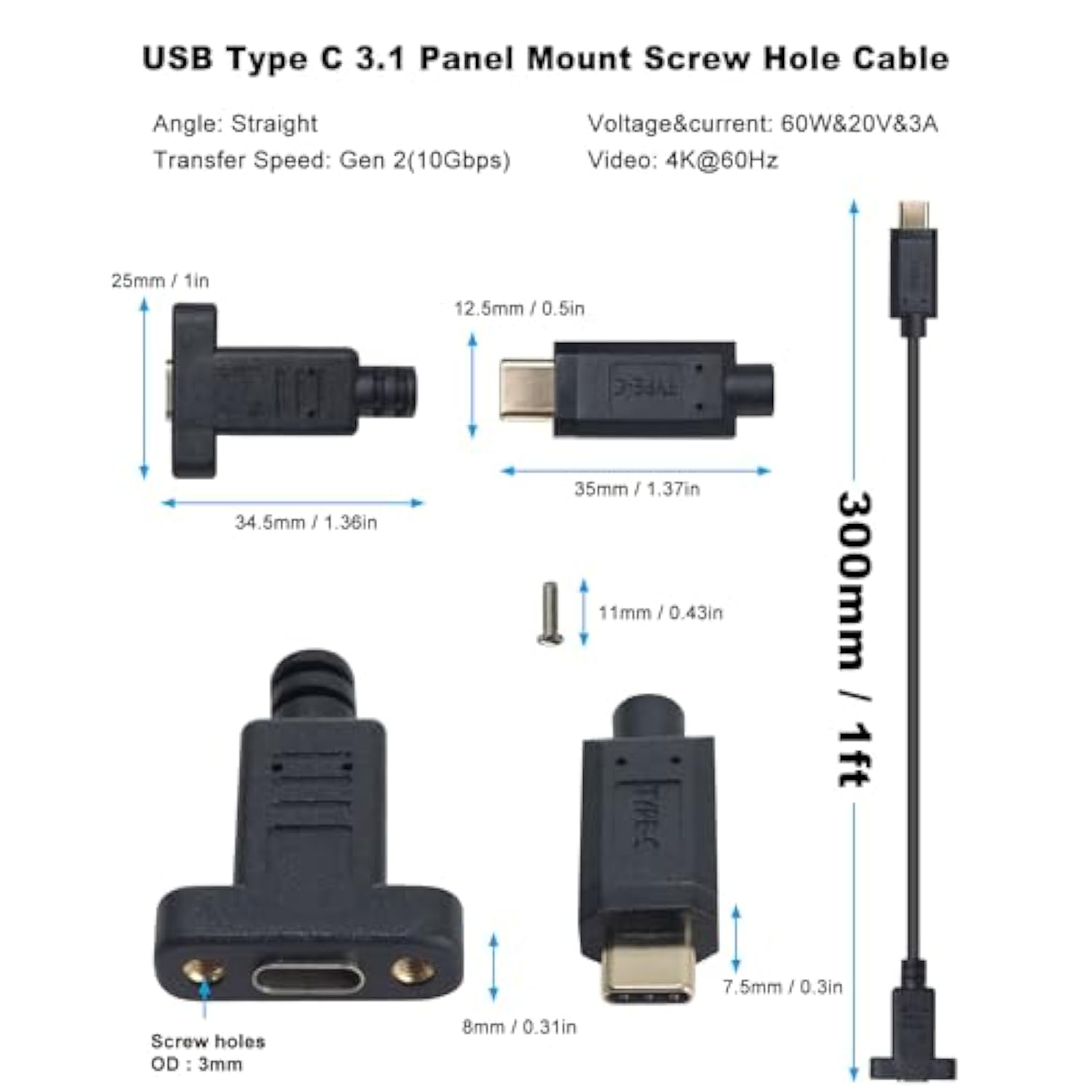 Usb 3.1 Type C Extension Cable, Usb C Extension Cable Short, Usb C Panel Mount