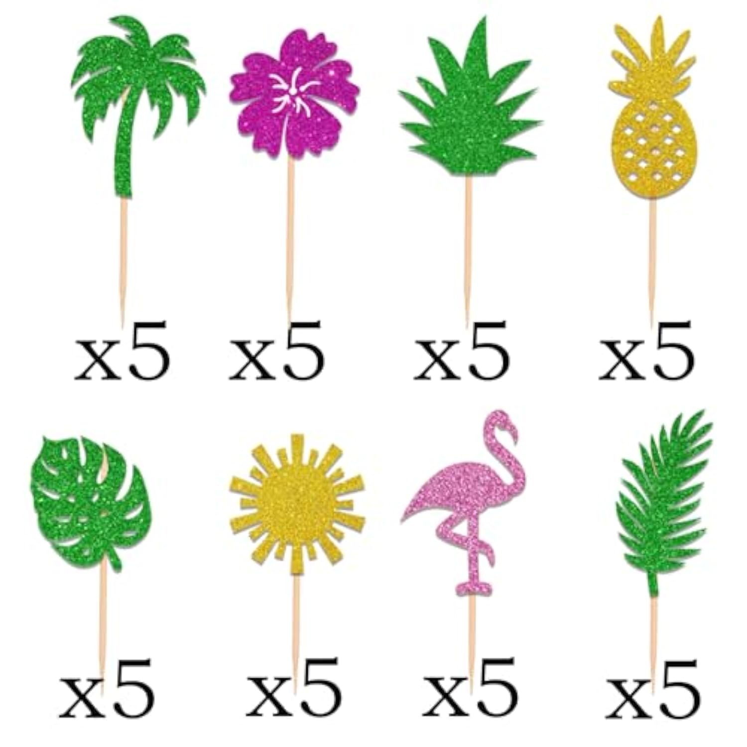 40Pcs Tropical Cupcake Toppers Glitter Leaf Pineapple Flower Palm Tree Flamingo Cupcake Picks Aloha Cake Decorations For Summer Hawaiian Aloha Baby Shower Birthday Wedding Party Cake Supplies