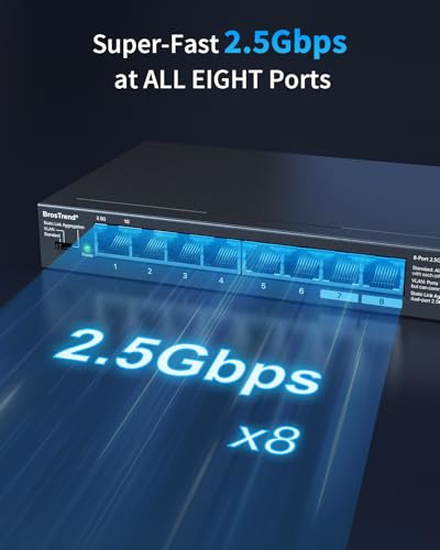 2.5Gb Switch, Unmanaged 8 Port Ethernet Switch 2.5 Gigabit Supports Static Link Aggregation & Vlan, Fanless, Desktop Wall Mount, Multi Gig Splitter For Gaming, Nas, Pc, Protection