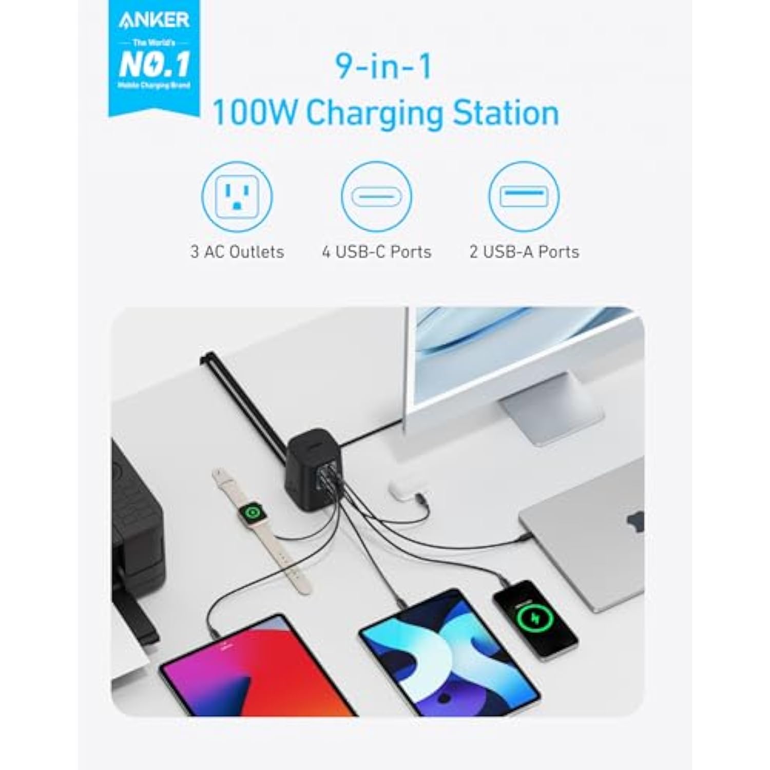 Anker Charging Station (100W), 9-in-1 USB-C Power Strip with 300J Surge Protection, for iPhone 16 & MacBook, 5 ft Flat Cable and Plug, 4 USB-C and 2 USB-A Ports, 3 AC Outlets, for Home, Office