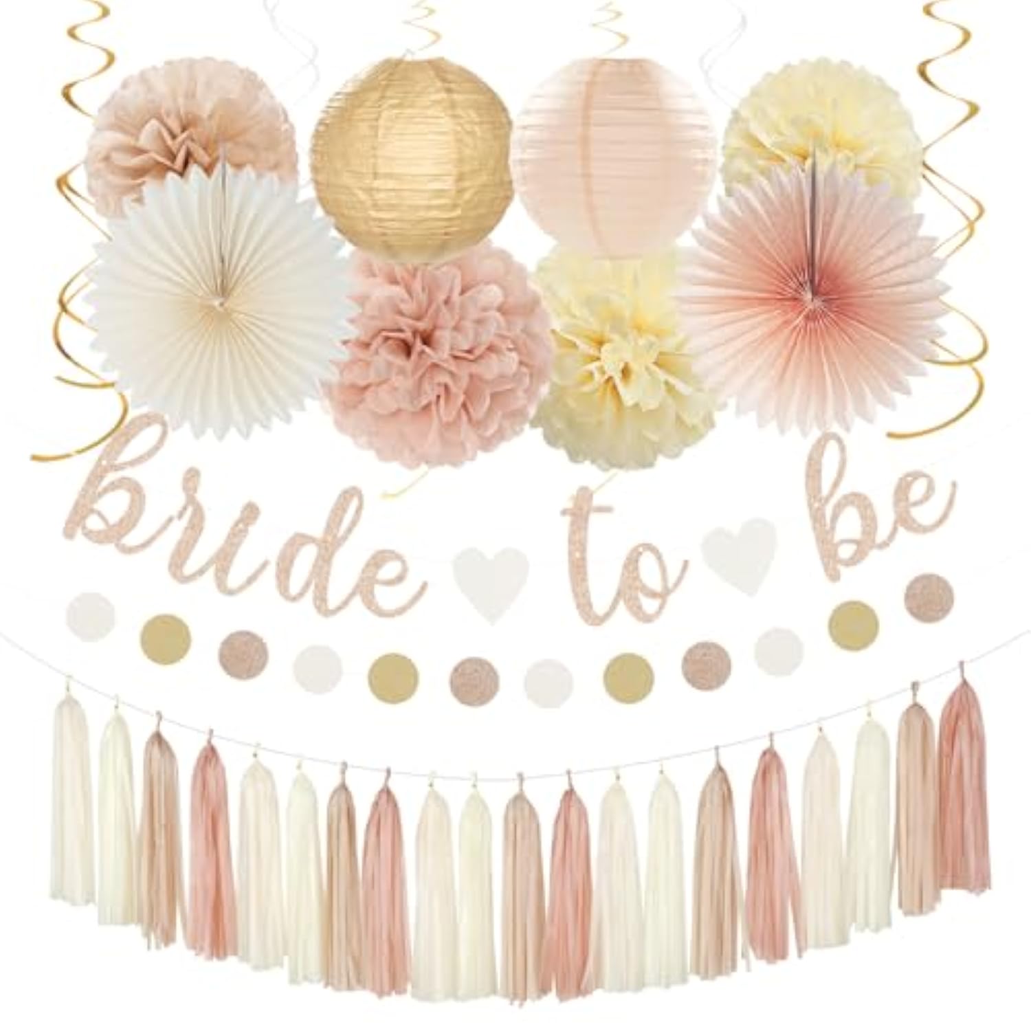 Champagne Gold Fall Bridal Shower Decor 36Pcs Banner, Lanterns, Pom Poms & More