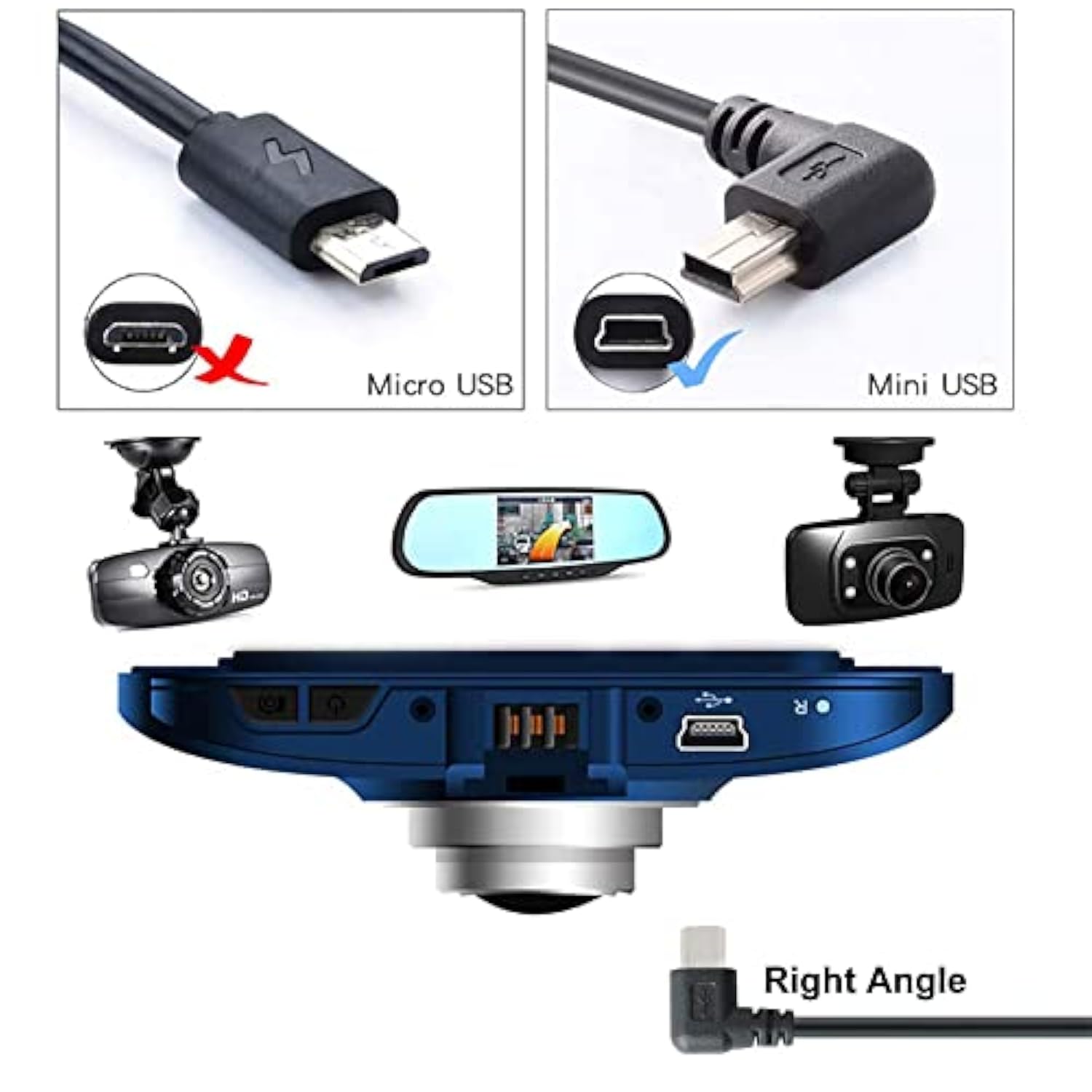 11.5ft Mini USB 90° Right Angle Power Cable USB 2.0 A to Mini-B for Dash Cam