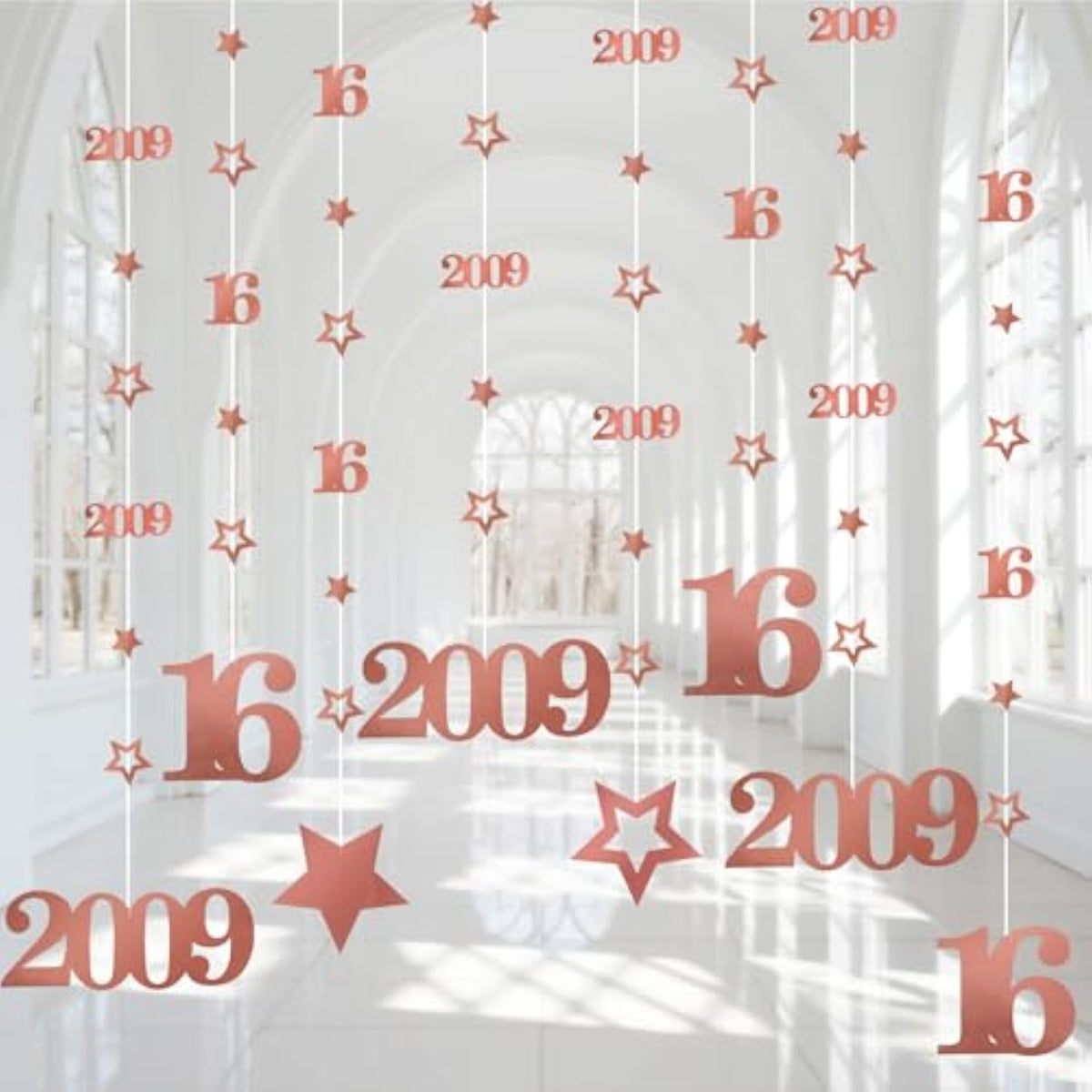 Pink Rose Gold Sweet 16 Party Decorations For Girls, Pre-Strung Glitter Twinkle Number 2009 16 Years Old Hanging Streamer Banner Party Supplies, Pink Happy 16Th Birthday Gifts Decor