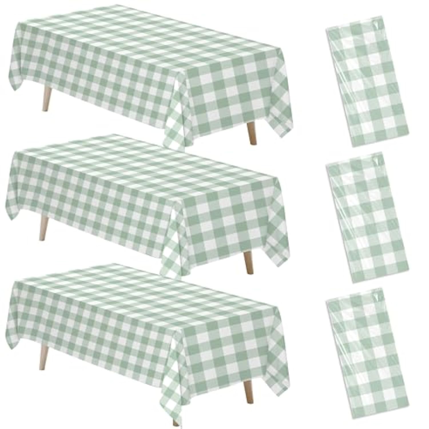 Sage Green Gingham Party Tablecloth Decorations, 3 Pack Green Checkered Disposable Plaid Party Supplies Tablecover, For Birthday Baby Shower Bridal Wedding, 55In X 86In