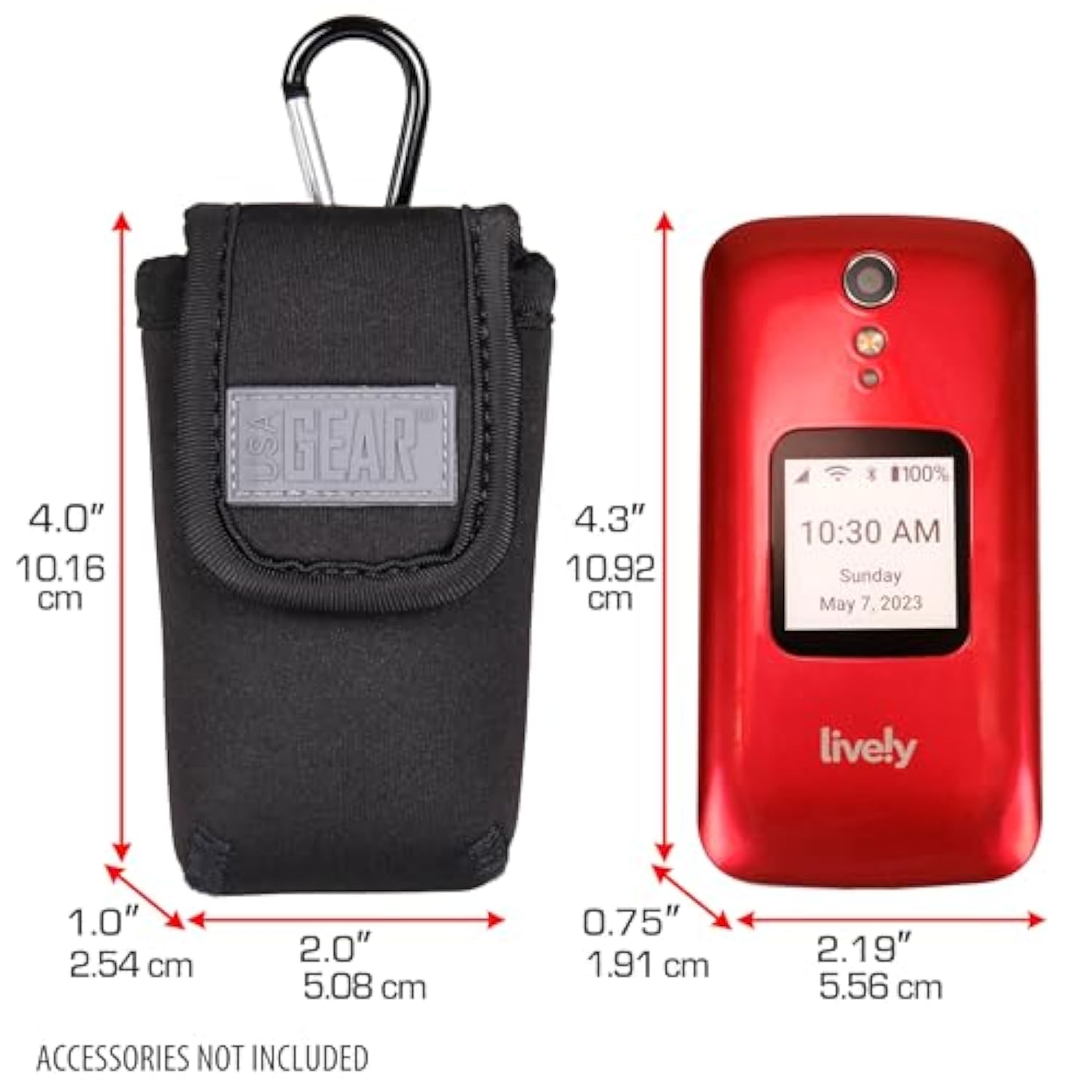 USA Gear Flip Phone Belt Case Compatible with Jitterbug 2, Alcatel GO, Nokia 2780, Tracfone TCL 2, Artfone G3 and more - Neoprene Flip Phone Pouch, Belt Loop, Carabiner Clip, Easy Access Hook and Loop