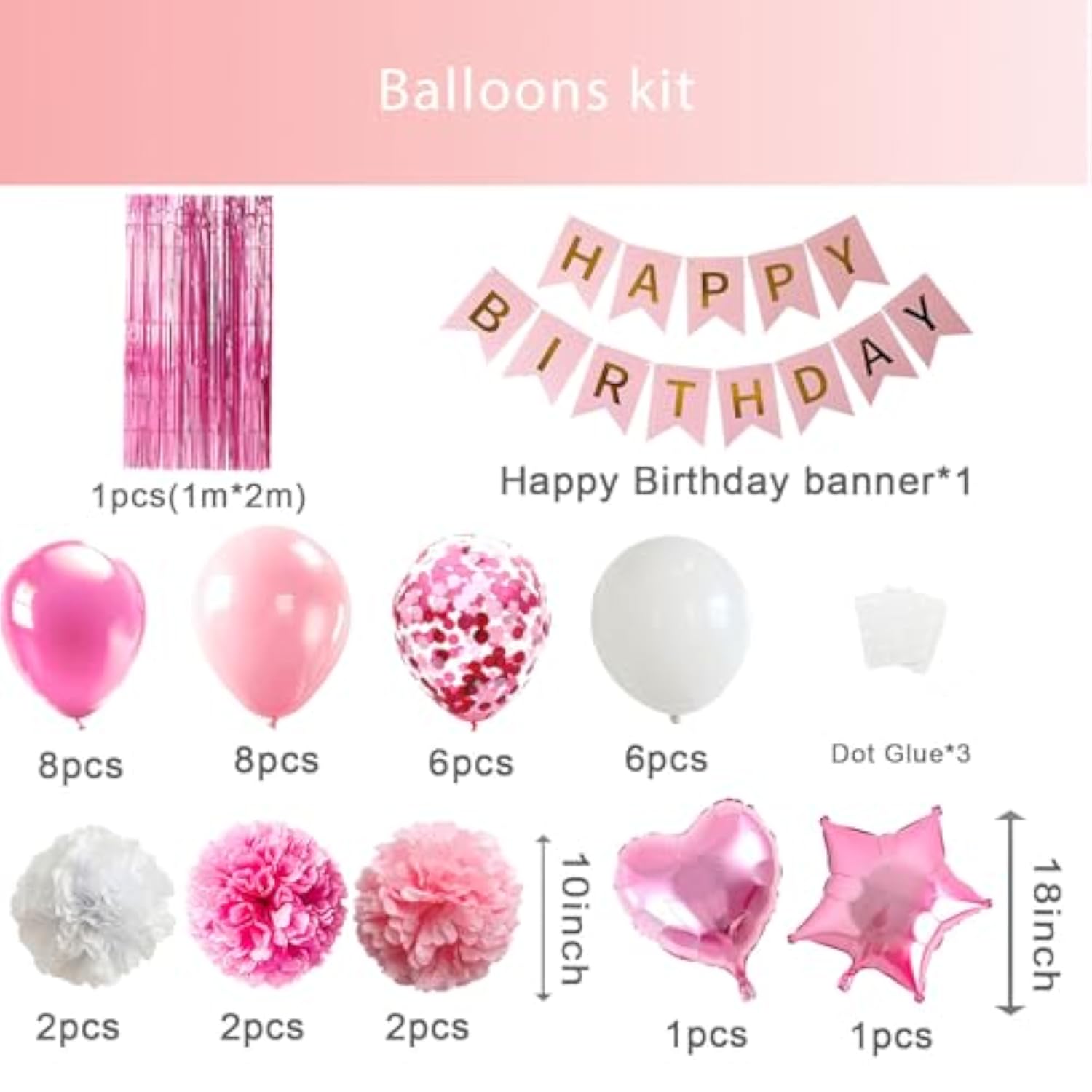 Pink Birthday Party Decorations For Women, Pink And White Birthday Decorations With Banner Heart Shape Foil Balloons Pompoms Fringe Curtain For Princess Party