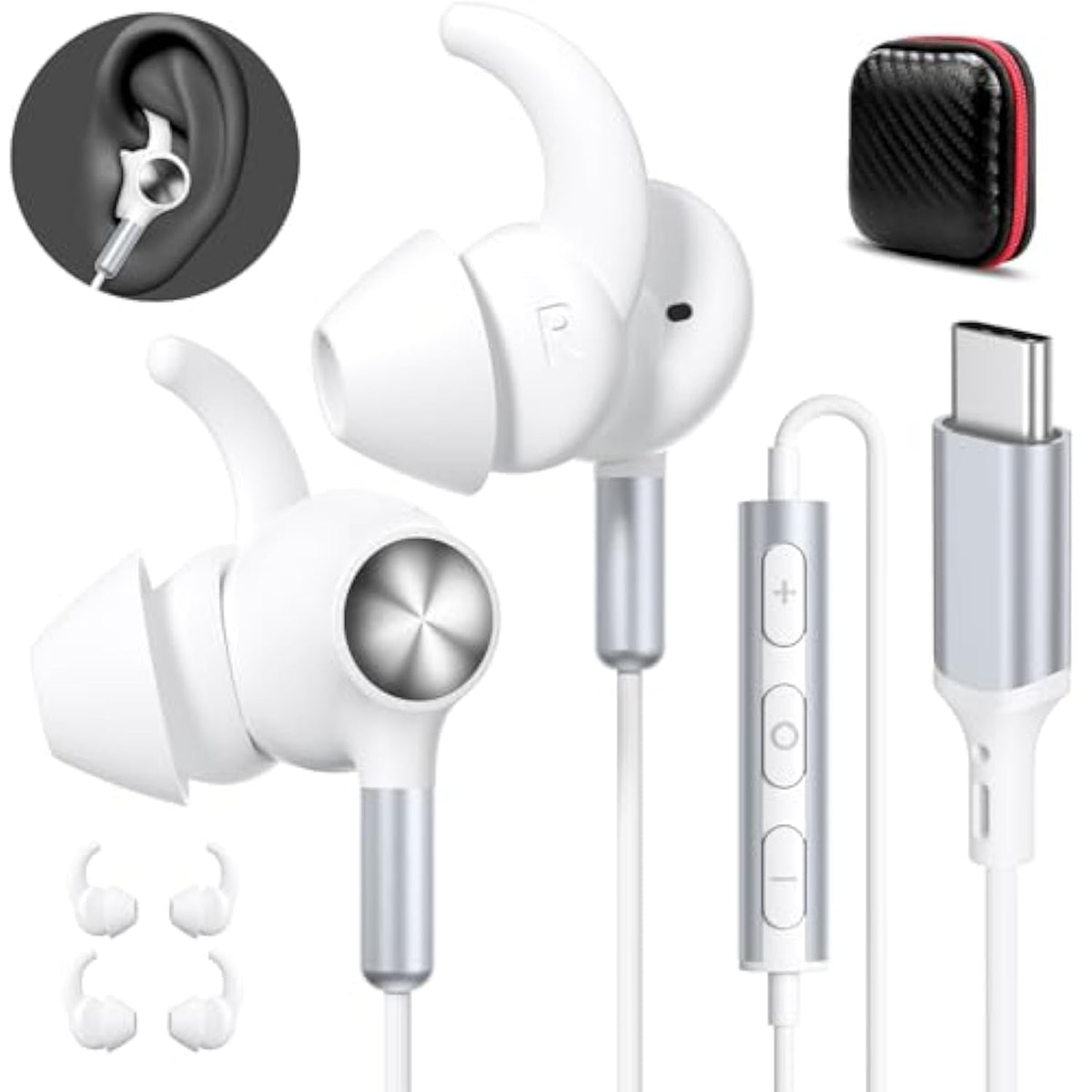 Usb-C Wired Earbuds With Anti-Fall/Hurt Wingtips For Iphone 17-15 Pro Max/Ipad - Mic & Volume Control, Pure Stereo Deep Bass, Sweatproof In-Ear Headphones For Running/Home/Office/Small Ear