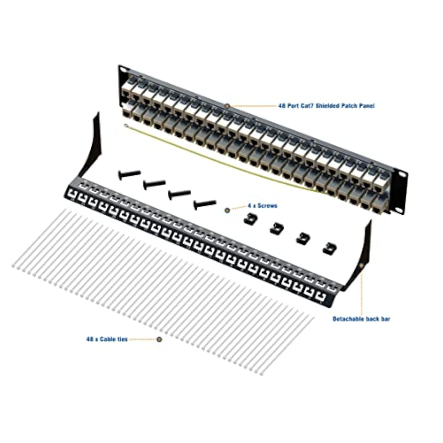 48 Port Rj45 Through Coupler 2U Cat7 Patch Panel Stp Shielded 19-Inch With Bac