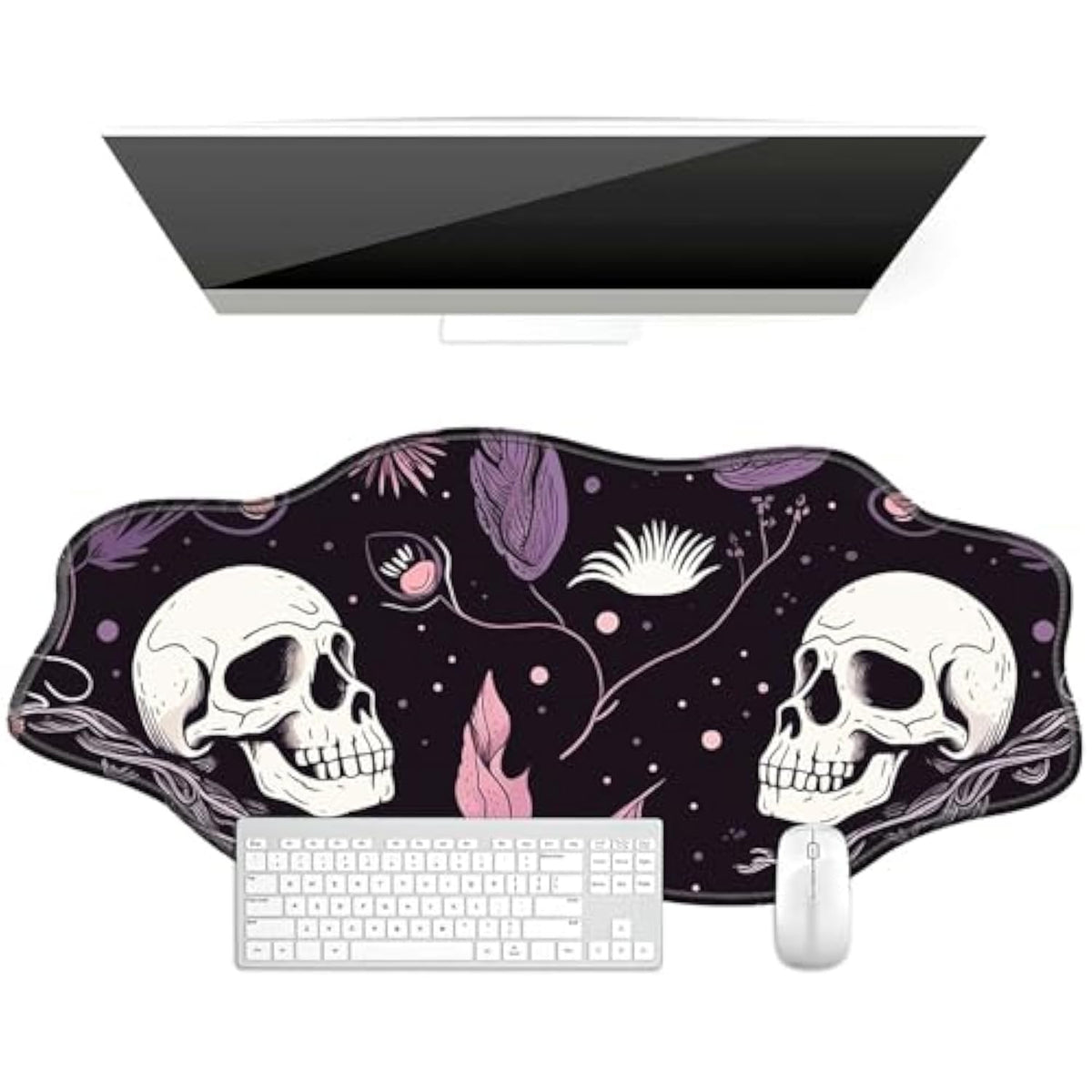Raven Skulls Desk Mat Irregular Shape Large Mouse Pad 35.4"X15.75" Desk Rubber Base Mousepad With Stitched Edges Big Desk Pad For Work,Game,Office,Home