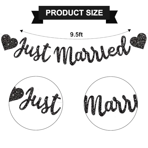 Black Just Married Banner - NO DIY, Glitter Wedding Party Banner,Just Married Signs, Bachelorette/Bridal Garland,Engagement Party Decor Supplies, Wedding Reception Party Decorations.