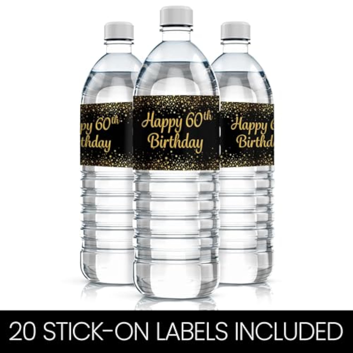 Black And Gold 60Th Birthday Party Water Bottle Labels - 20 Stickers, 60Th Birthday Decorations