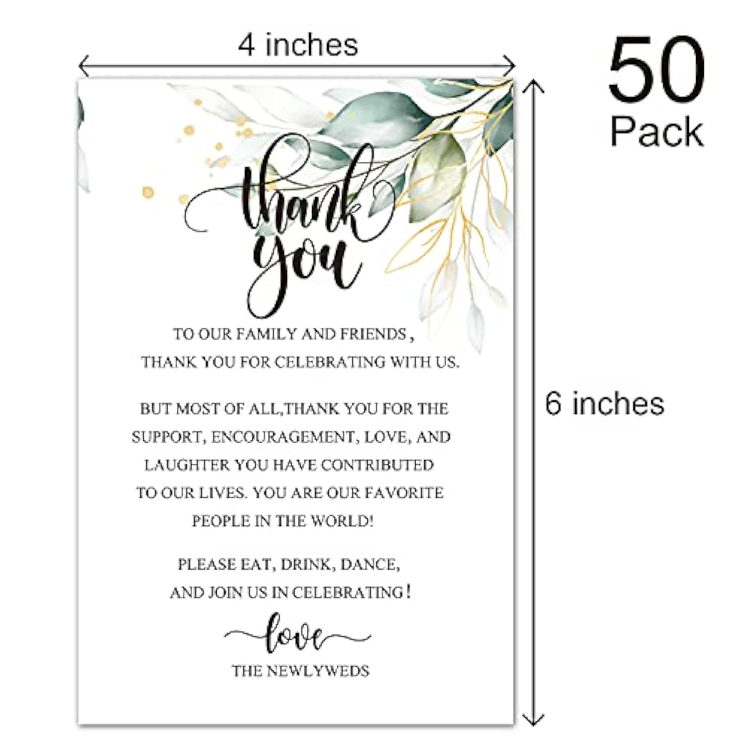 Wedding Thank You Place Setting Cards, Greenery Wedding Reception Thank You Cards, Table Centerpieces And Wedding Decorations, Wedding, Bridal, Engagement, Anniversary, 4X6 Inch, Pack Of 50