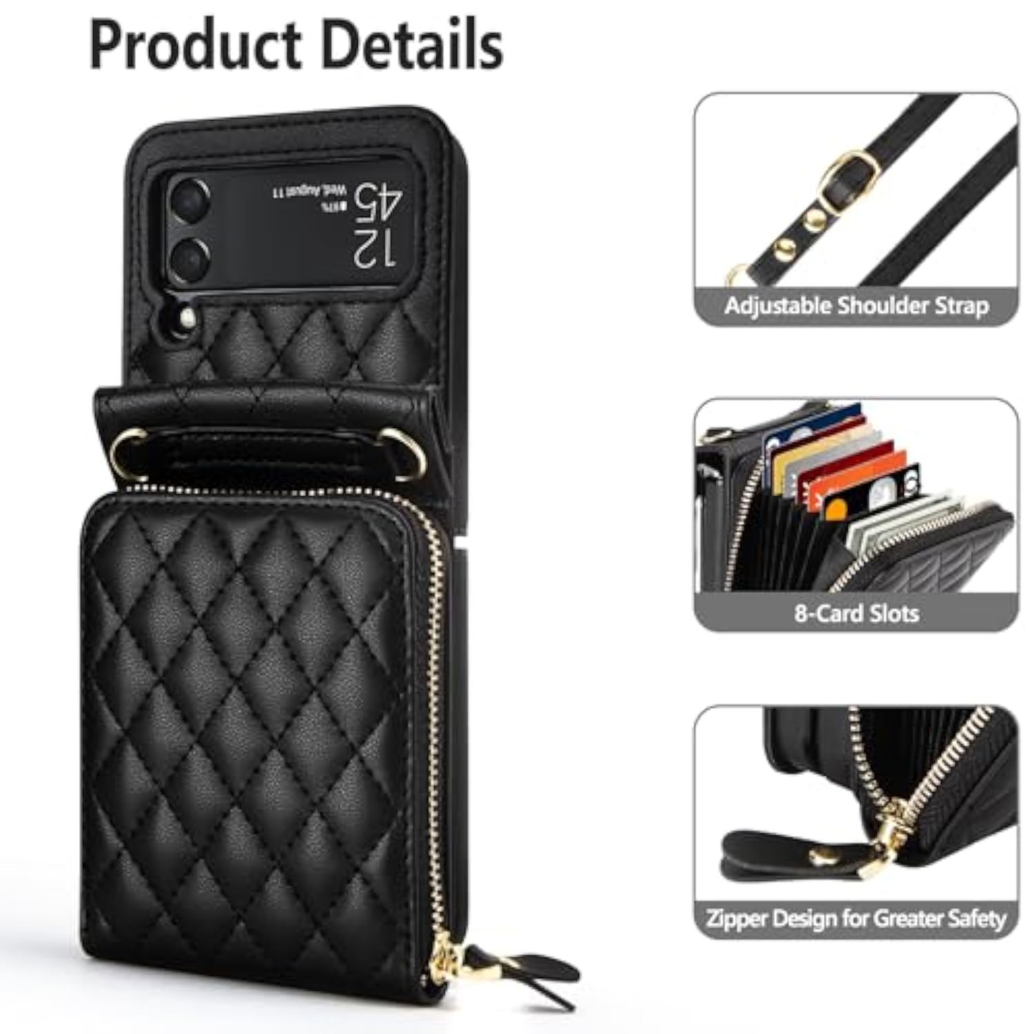 For Samsung Galaxy Z Flip 3 Case With Card Holder Crossbody 8-Card Slots Wallet Case With Adjustable Strap Soft Pu Leather Protective Zipper Flip 3 Phone Case For Women Girls, 6.7'' Black