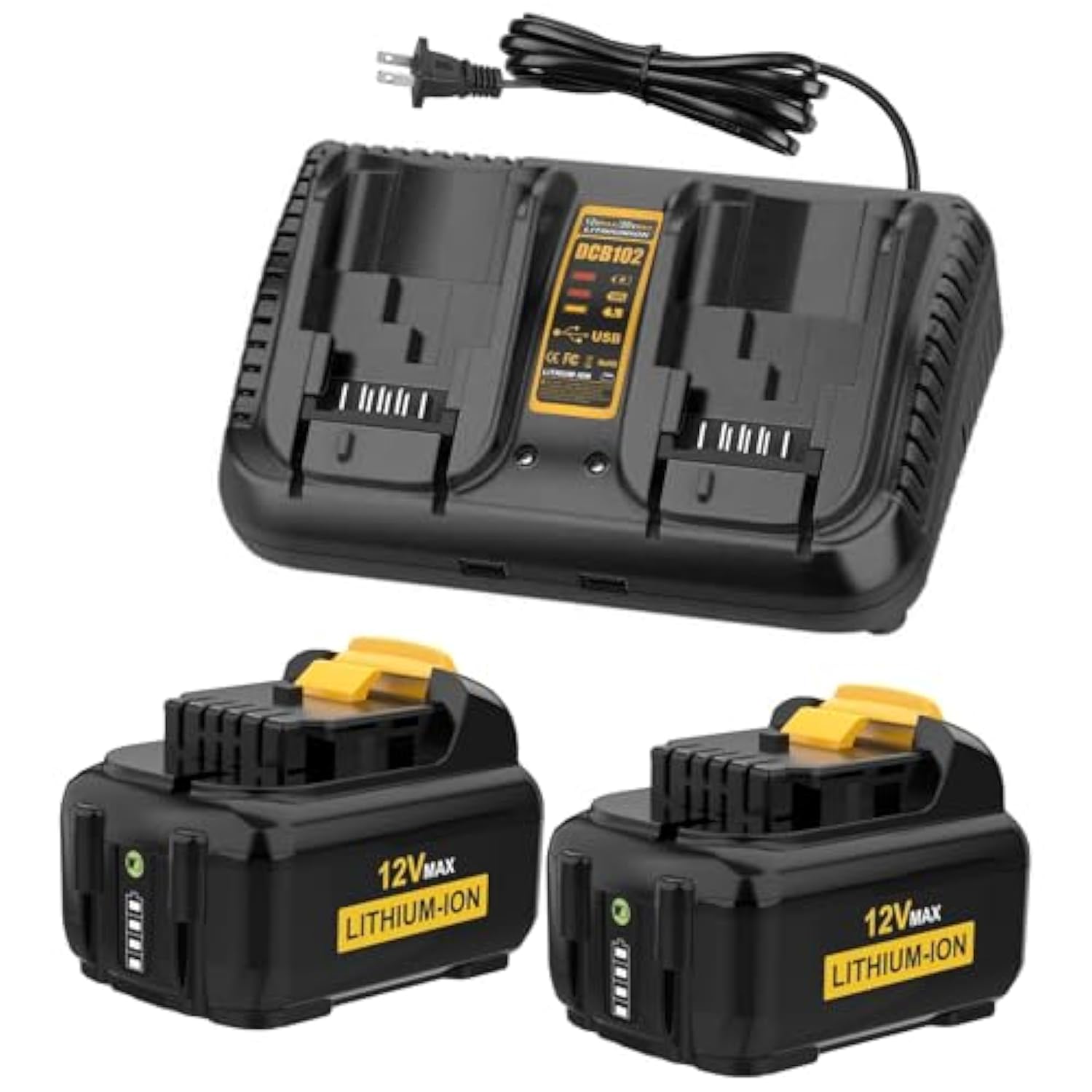 2 Pack 6.0Ah Dcb120 Battery With Dcb102 Dual Charger Replacement For Dewalt 12V Battery Dcb123 Dcb127 Dcb122 Dcb124 Dcb121 Compatible With Dewalt Battery Charger Dcb105 Dcb107 Dcb101 Dcb115