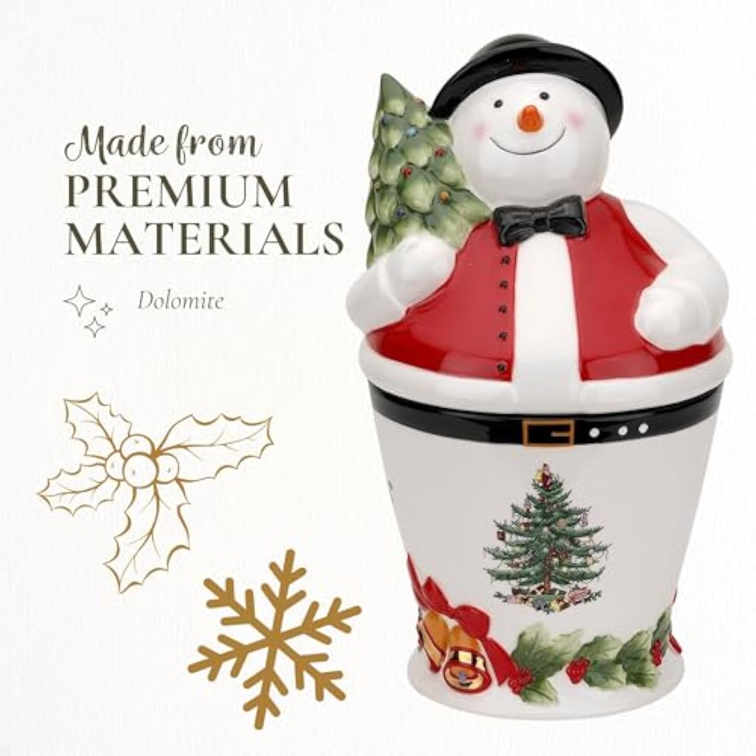 Christmas Tree Mr. Snowman Cookie Jar - 10" Dolomite Christmas Cookie Jar With Lid - Winter-Themed Candy Jar For Kitchen Counter, Holiday Cookie Container, Festive Kitchen Decor, Seasonal Gift