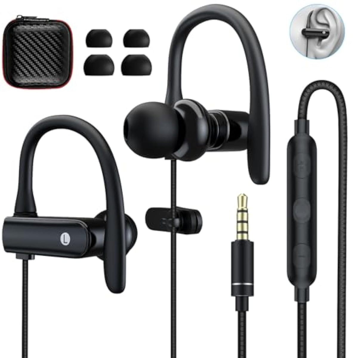 3.5Mm Headphones Sport Wired Earbuds With Microphone Noise Isolating Earphone Hifi Stereo Over Ear Buds Wired Plug In With Ear Hook For Samsung Galaxy A15 A03S A14 S10 A12 Moto Switch Mp3 Running Fit