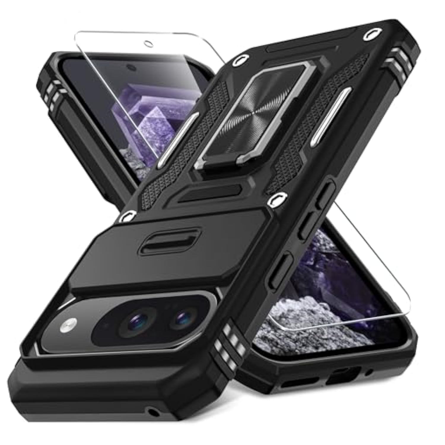 Case For Google Pixel 9/9 Pro With Slide Camera Cover+Screen Protector(1 Pack), Rotated Ring Kickstand Military Grade Shockproof Protective Cover-Black