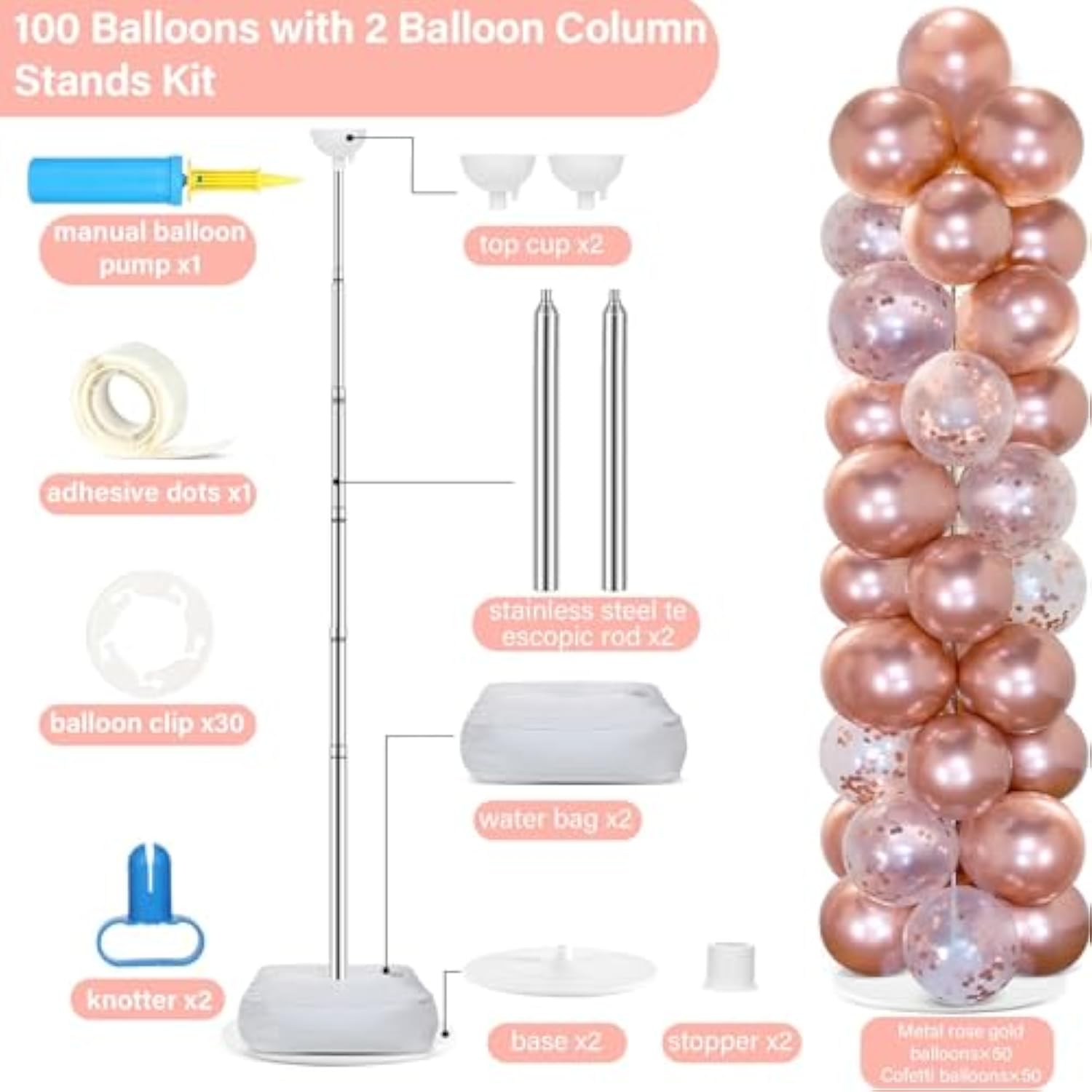 2 Sets Rose Gold Balloon Column Stand Kit With 100 Balloons Graduation Adjustable Tower Stand With Bases Floor Rose Gold Confetti Balloon Column Bridal Shower Bachelorette Birthday Wedding Party Decor