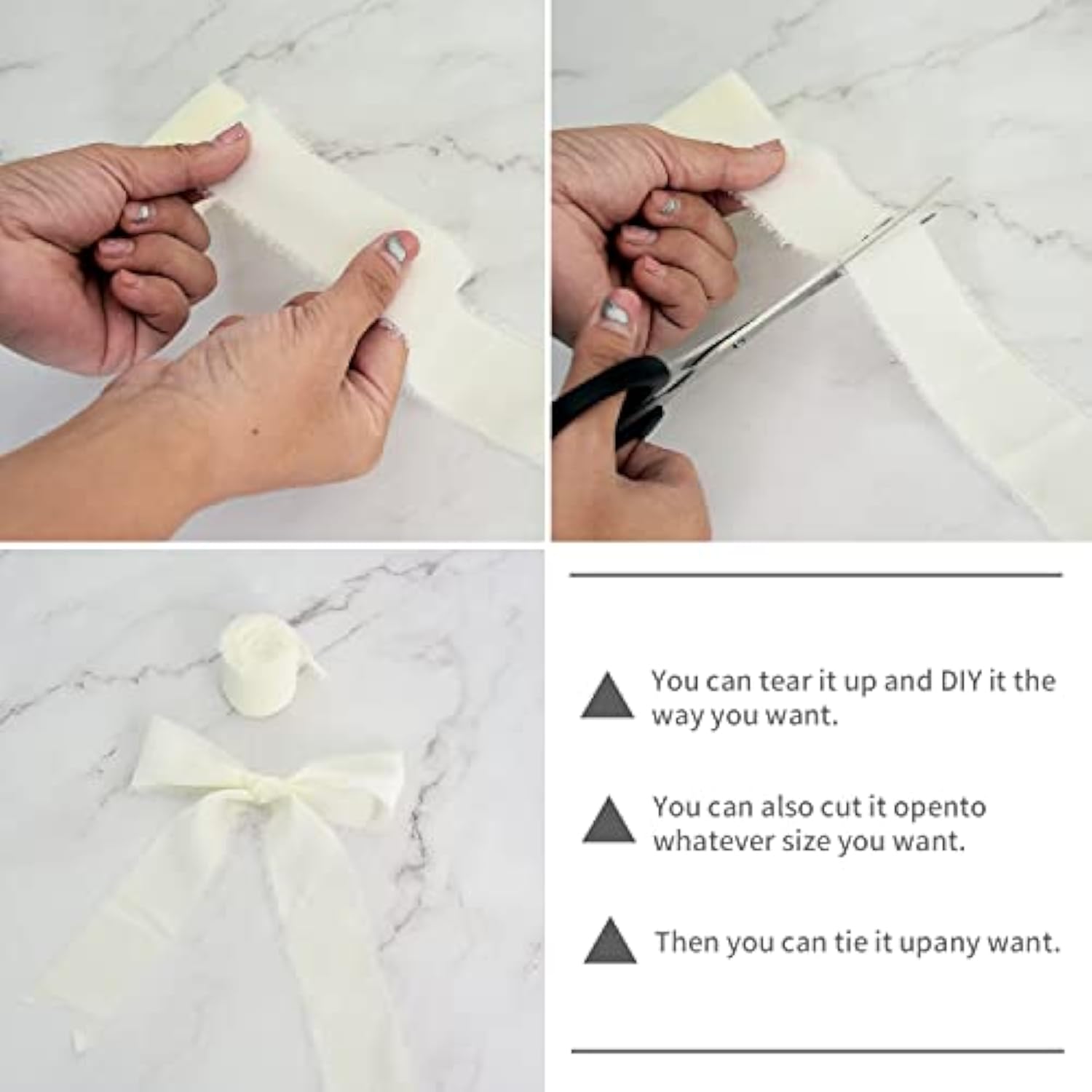 4 Rolls 1-1/2 Inch White Cream Chiffon Silk Ribbon 22Yds Handmade Frin