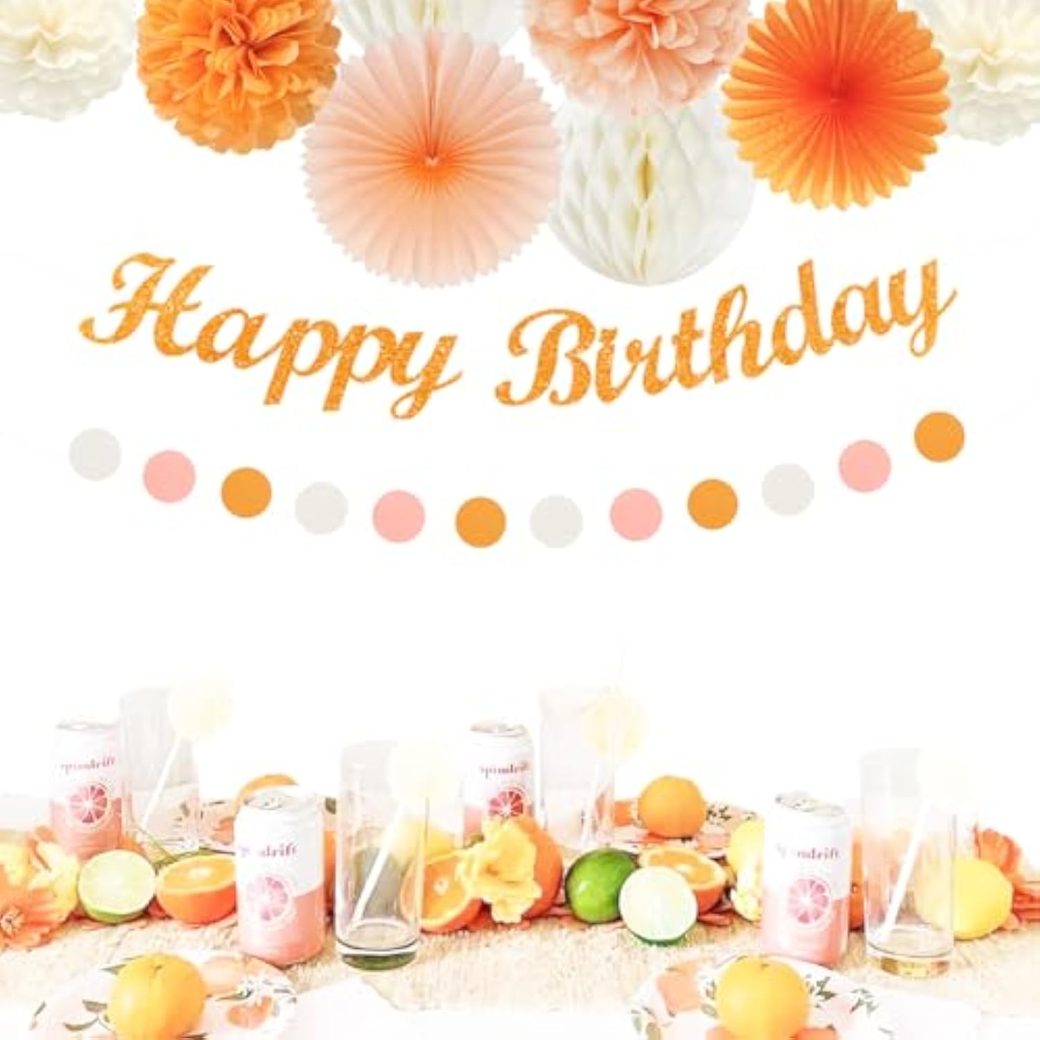 Orange Hippie Birthday Party-Decorations Paper-Flowers - 14Pcs Happy Banner Fall Honeycomb Tissue Pom Poms,Boho Streamers Garland Fans,Sweet Peach Groovy Sunset Groovy Hanging Supplies Decor