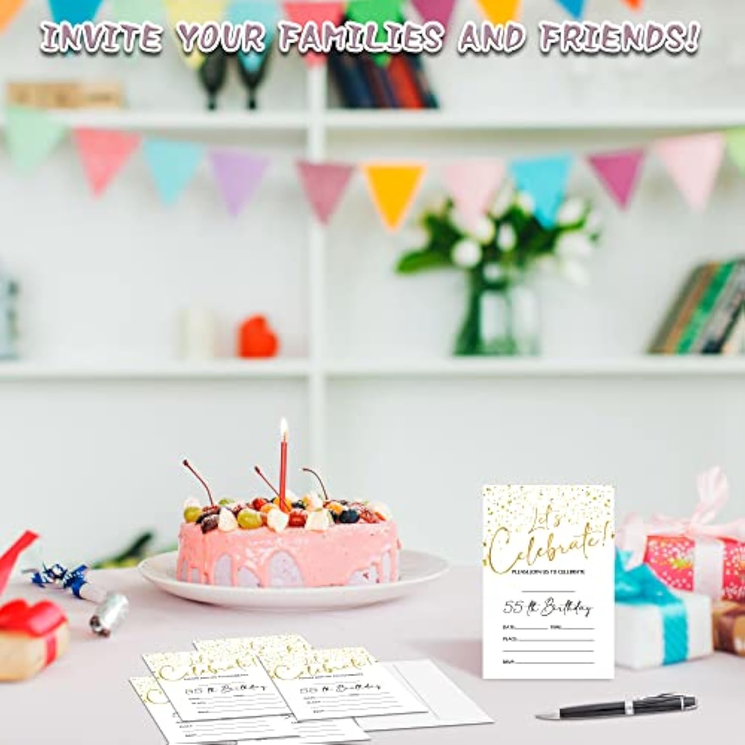 55Th Birthday Invitations Cards, 4"X 6" White And Gold Confetti Birthday Party Invites With Envelopes For Party Decorations Supplies(20 Pieces) -D14