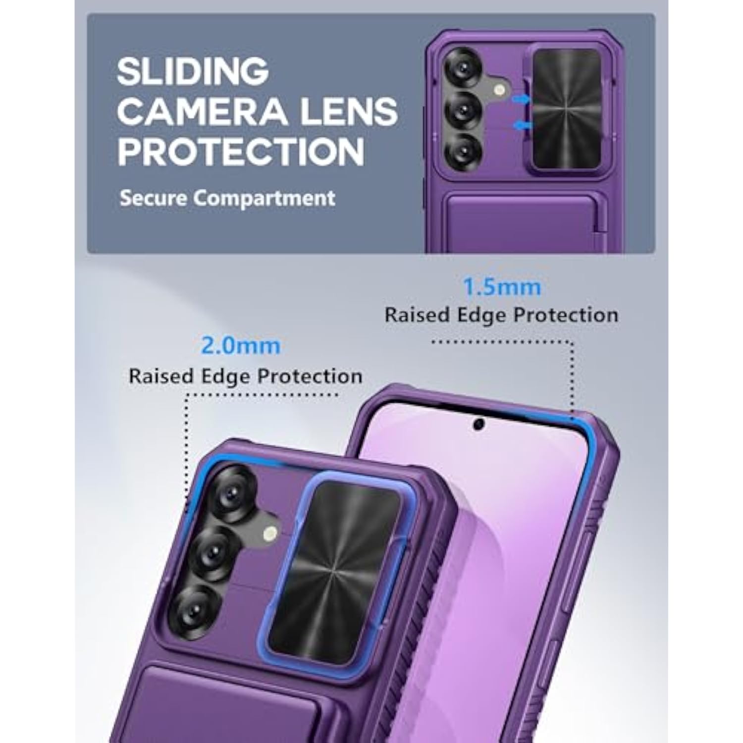 Samsung Galaxy S25+ Plus Case with Card Holder, Slide Camera Cover, RFID, Purple