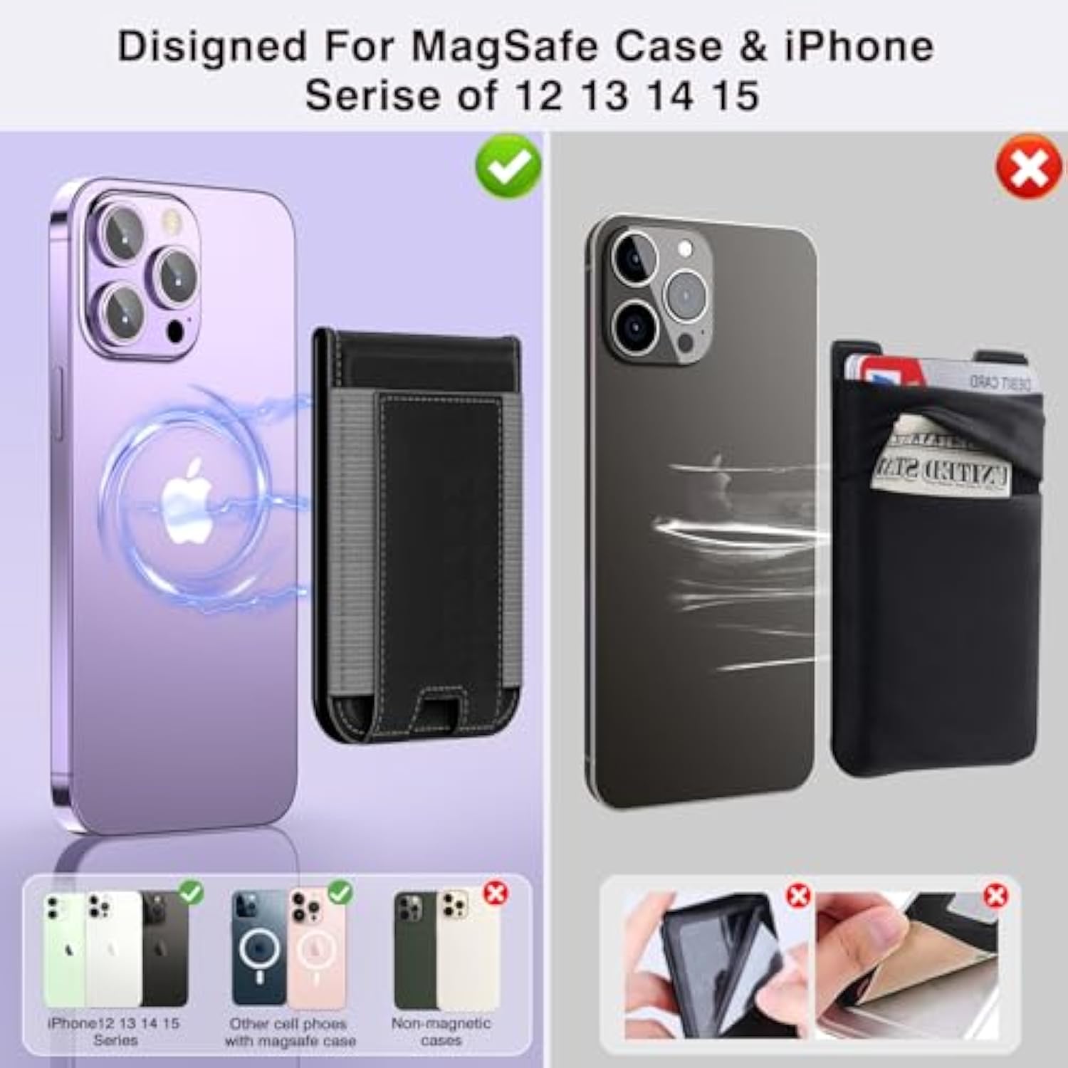 Mag-Safe Wallet Folding Magnetic Card Holder For The Back Of Iphone, N52 Stronger Magnetic Attraction Mag-Safe Wallet Case For Series Of Iphone 15/14/13/12 Pro And Promax,Black