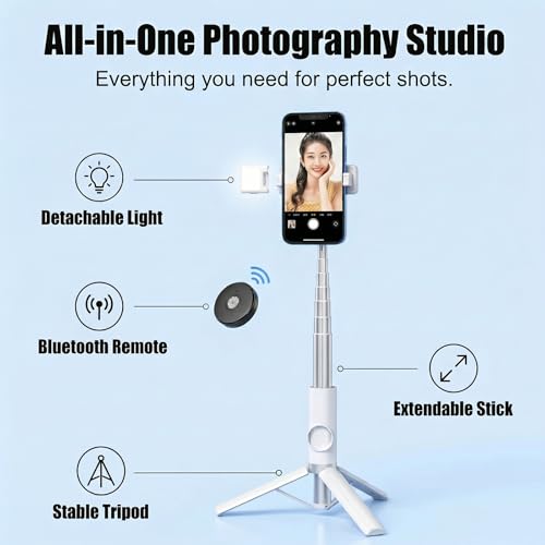 Selfie Stick Tripod Portable Extendable Cell Phone Stand with Detachable Mini Ring Light Phone Tripod Stand with Bluetooth Remote for iPhone Android