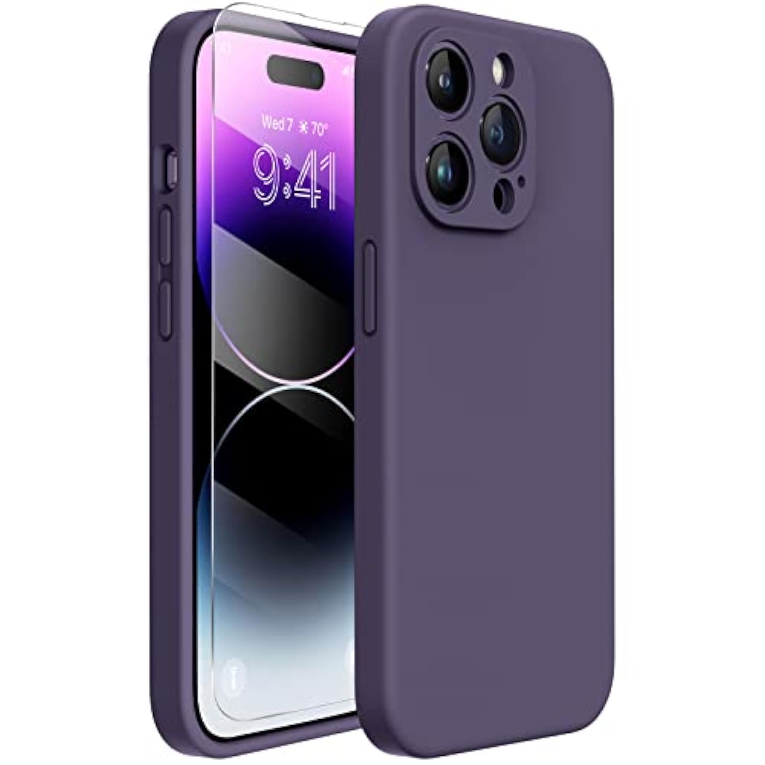 Designed For 14 Pro Max Phone Case With Screen Protector,[Upgraded Enhanced Camera Protection],Shockproof Liquid Silicone Case With Microfiber Lining,6.7 Inch(Dark Purple)