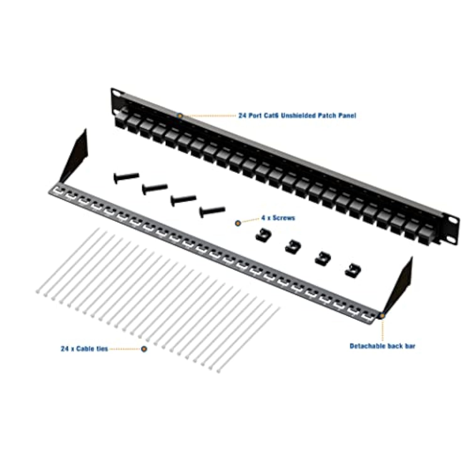 24 Port Rj45 Through Coupler 1U Cat6 Patch Panel Utp 19-Inch With Back Bar, Wa