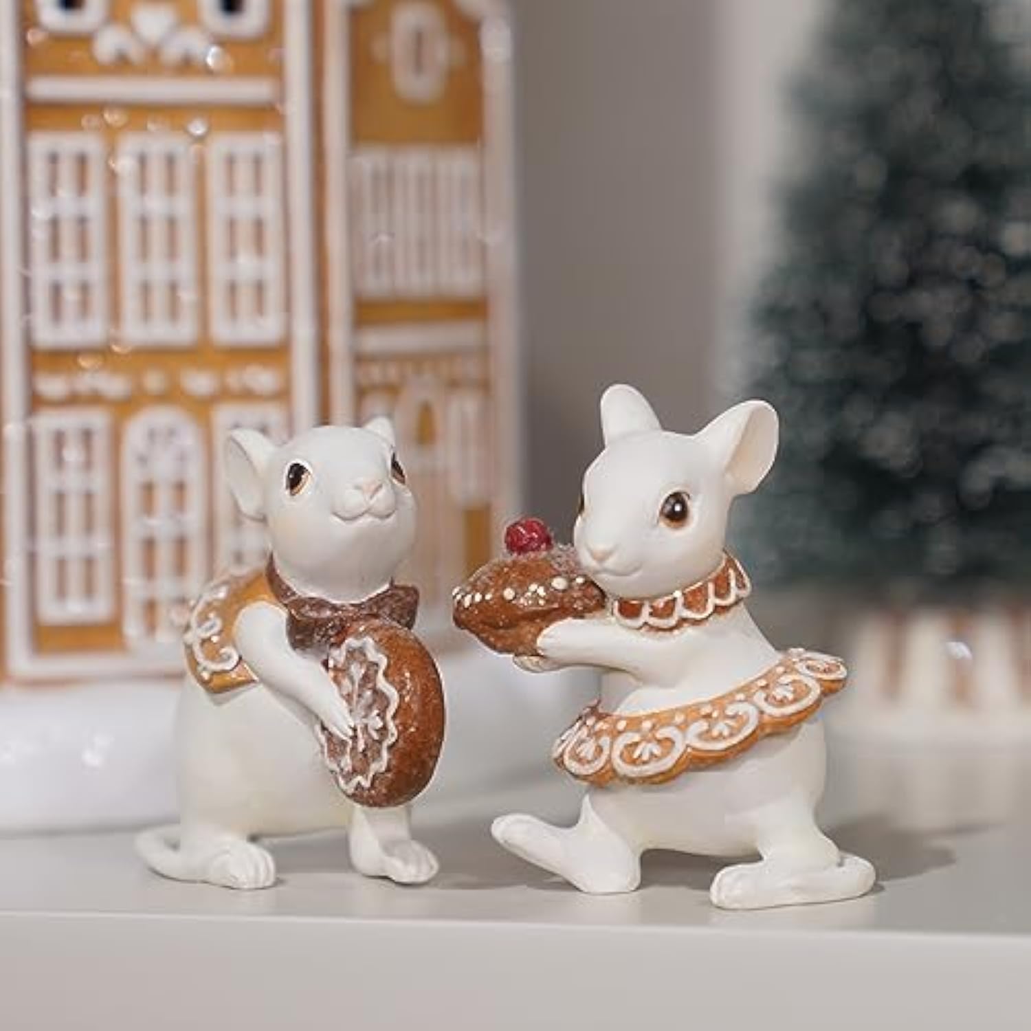 Gingerbread Decor Christmas Decorations Indoor - Set Of 2 Resin Christmas Mouse With Cake And Cookie Christmas Decorations Indoor Home Decor, Off White