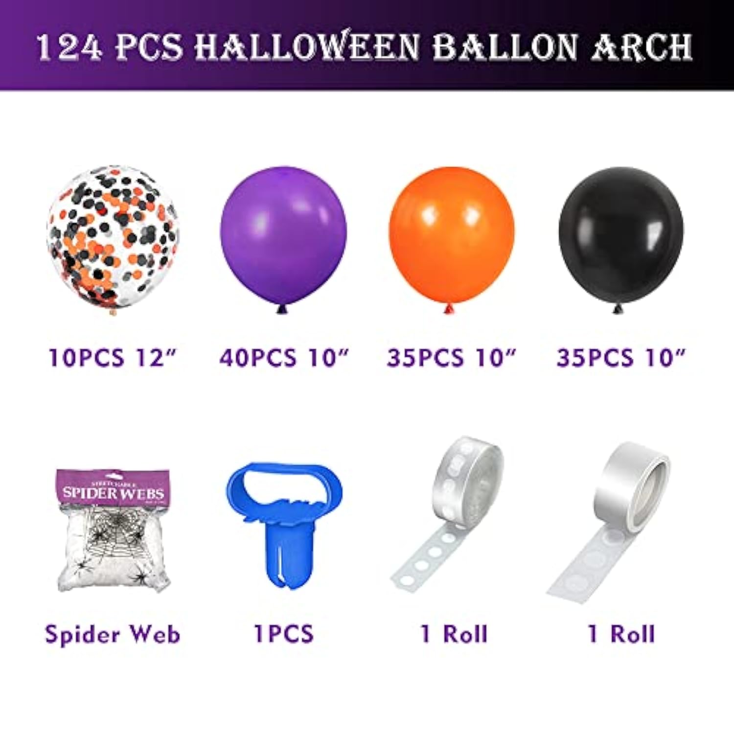 124Pcs Halloween Balloon Arch Kit - Includes Spider Webs for Indoor & Outdoor Party Decor