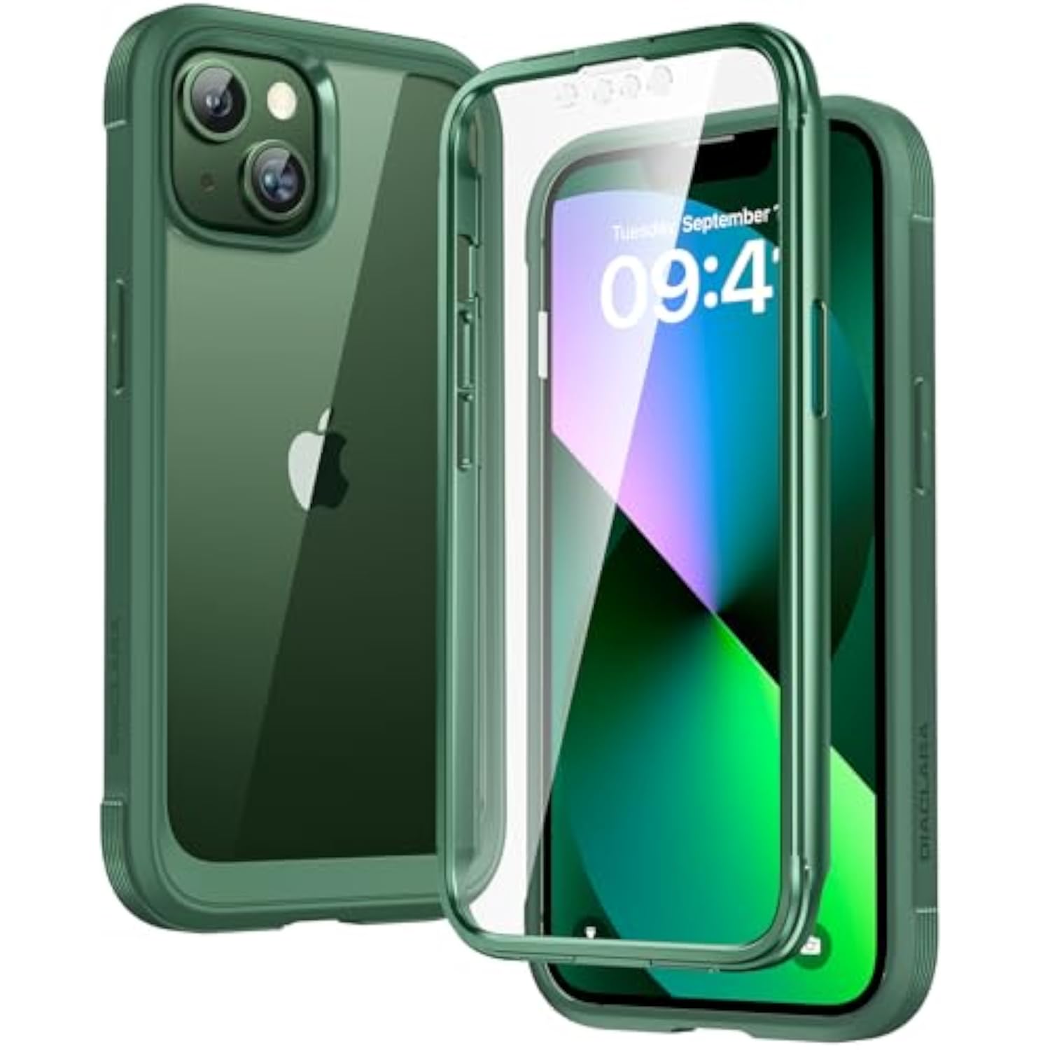 Rugged iPhone 13 Case with Touch Sensitive Screen Protector and Soft TPU Bumper for 6.1" iPhone 13 (Green and Clear)