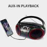 030C Portable Cd Player Boombox With Am Fm Stereo Radio, Aux Line In, Headphone Jack, Supported Ac Or Battery Powered (Black With A Touch Of Red Rims)