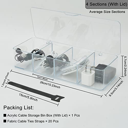 Electronics Organizer 6 Sections Clear Acrylic Cable Storage Bin Box Cord Holder With 20 Pcs Reusable Fastening Fabric Cable Ties Straps Cord Wraps (6 Sections/With Cover)