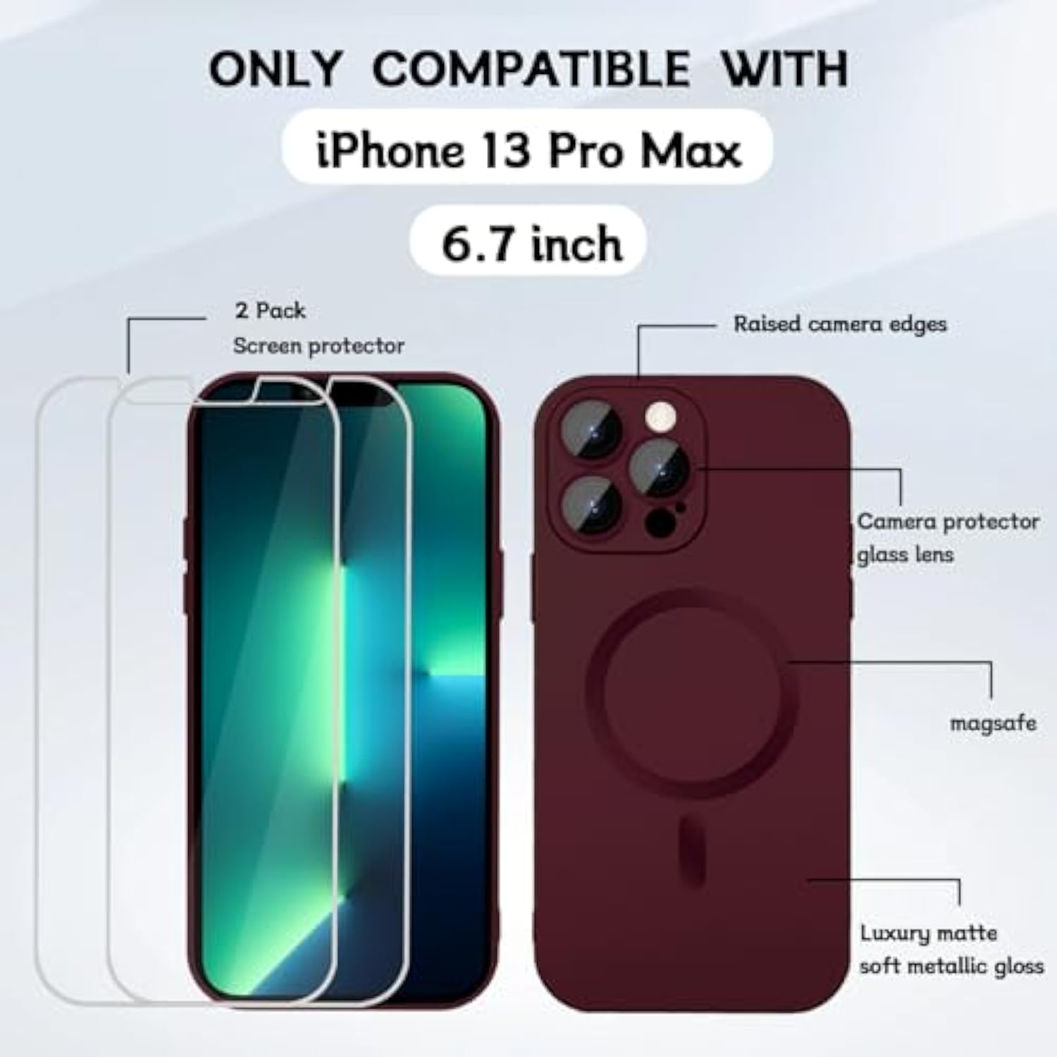 Magnetic Case For Iphone 13 Pro Max Phone Case For Women, [Compatible With Magsafe] Matte Soft Metallic Design With Lens Protectors And 2 Screen Protectors For Iphone 13 Pro Max 6.7"-Wine Red