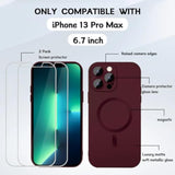 Magnetic Case For Iphone 13 Pro Max Phone Case For Women, [Compatible With Magsafe] Matte Soft Metallic Design With Lens Protectors And 2 Screen Protectors For Iphone 13 Pro Max 6.7"-Wine Red