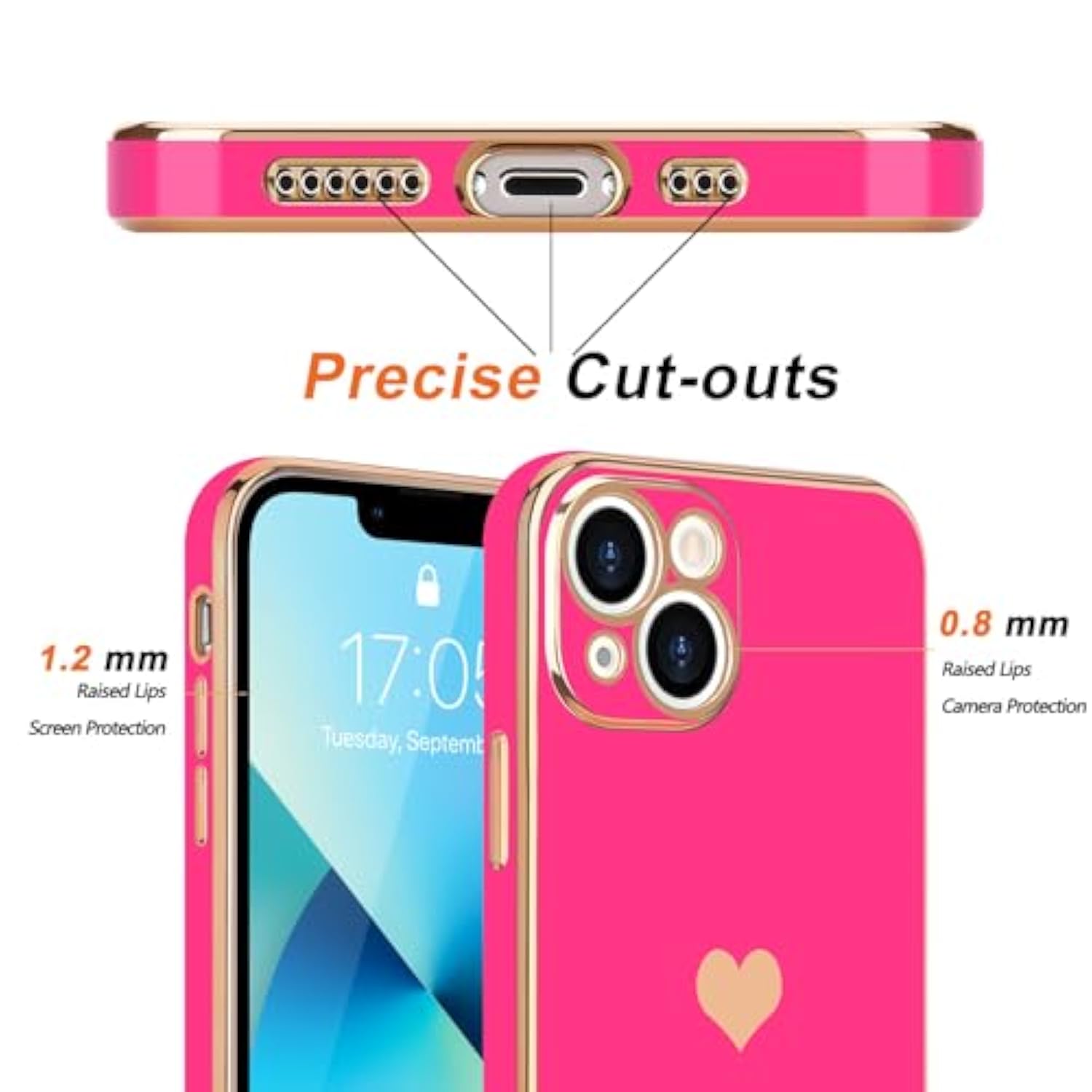iPhone 13 Case for Women Cute Heart Bling Soft Shockproof Cover Pink