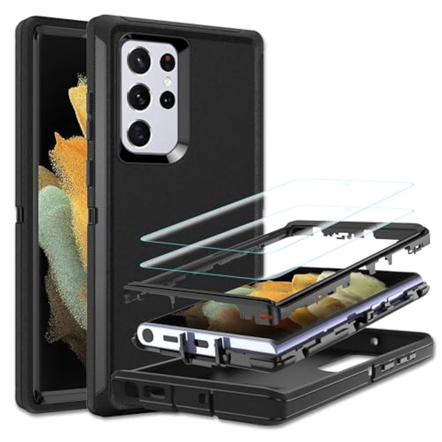 For Samsung Galaxy S22 Ultra Case, With [2 Pack] Hd Screen Protector, [Military-Grade] Shockproof Dust/Drop Proof 3-Layer Full Body Protection Heavy Duty Case For Galaxy S22 Ultra, Black