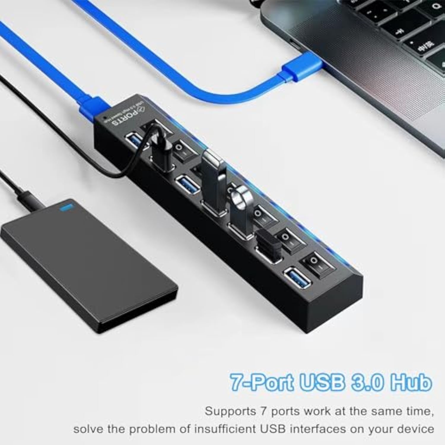 Usb Hub 3.0, 4-Port Usb 3.0 Data Hub With Individual Led Lit Power Switches [C