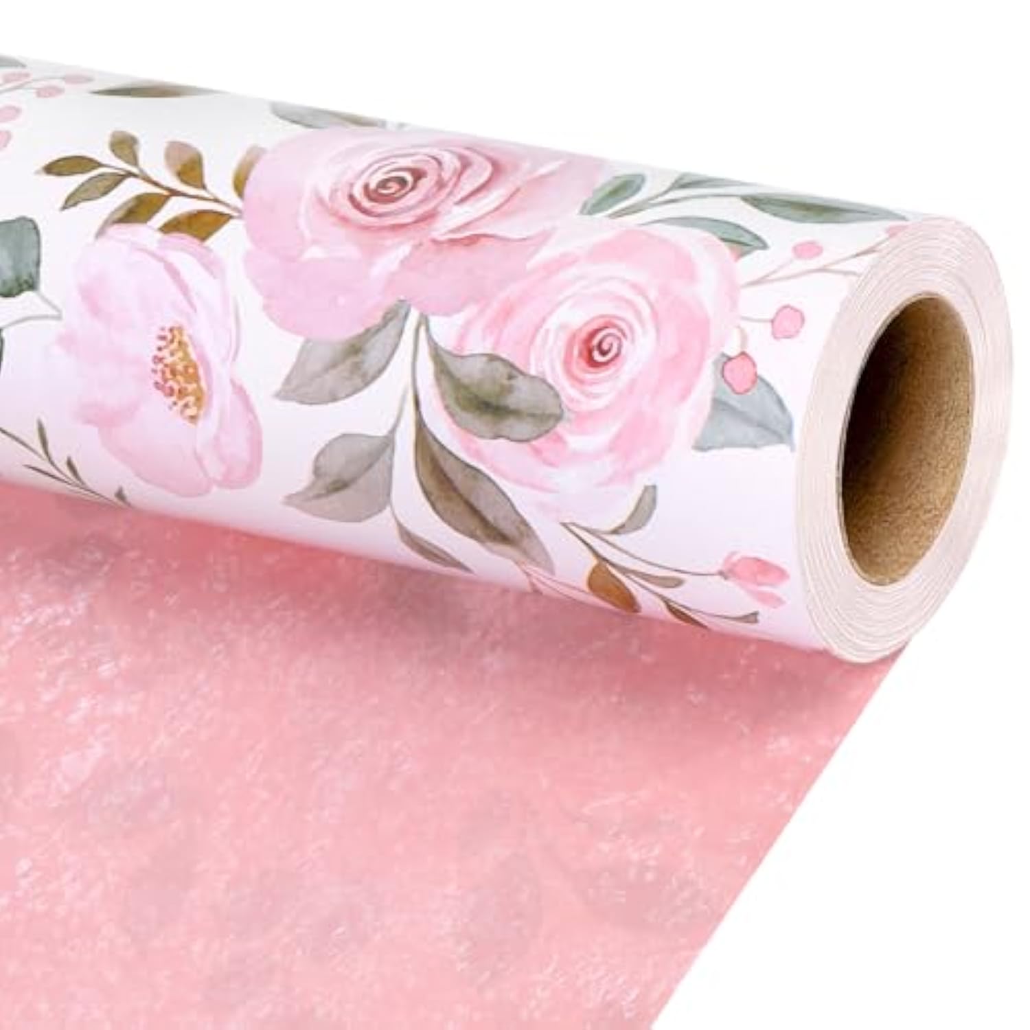 Reversible Floral Wrapping Paper Roll - 17 Inches X 33 Feet (47 Sq. Ft. Ttl.) Pink Watercolor Roses Design Flower Gift Wrap For Wedding, Bridal Shower, Mother'S Day
