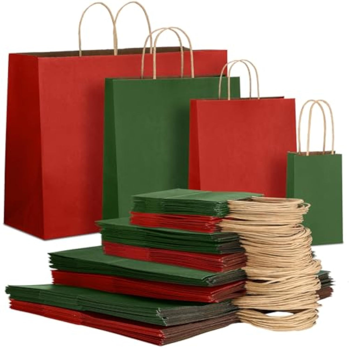 100 Pcs Red And Green Christmas Gift Bags Kraft Paper Bags With Handles Holiday Gift For Wedding Baby Shower Bridal Shower Shopping Party Favor Business (4 Size)