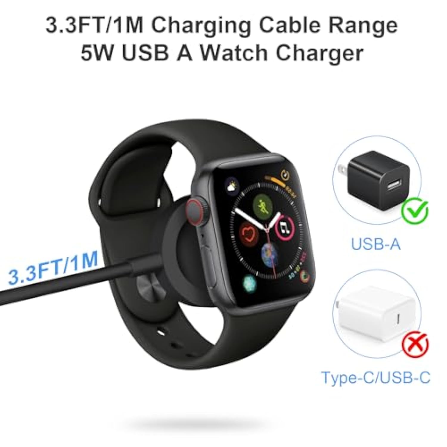 [Apple Mfi Certified] Apple Watch Charger, Magnetic Iwatch Charger 3.3Ft Fast Charging Cable Usb A Wall Plug Adapter For Apple Watch Series Se/Se2/9/8/7/6/5/4/3/2/1 (White)