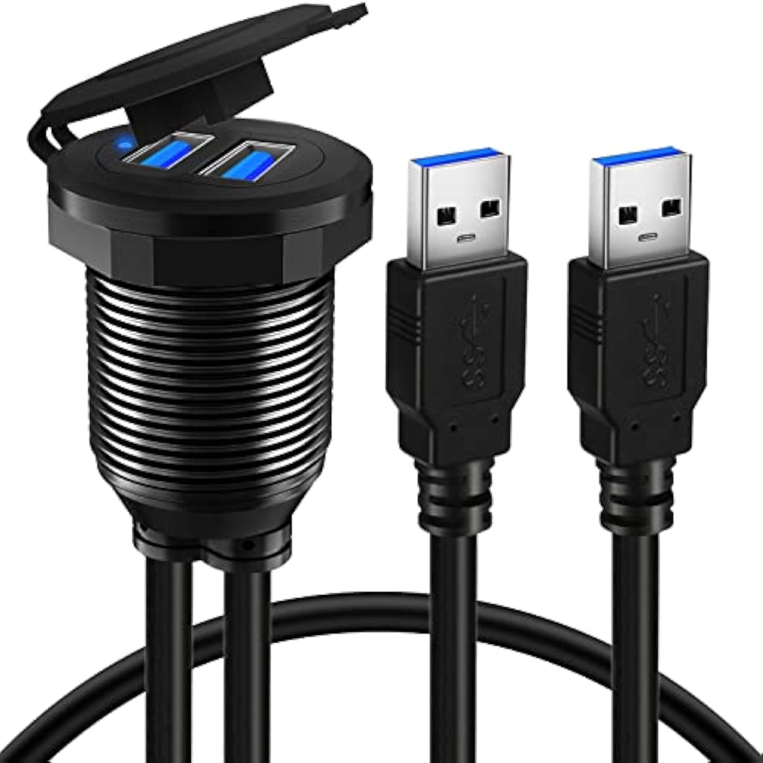 Alloy Dual Port Usb 3.0 Car Dashboard Flush Mount Cable, Male To Female With L