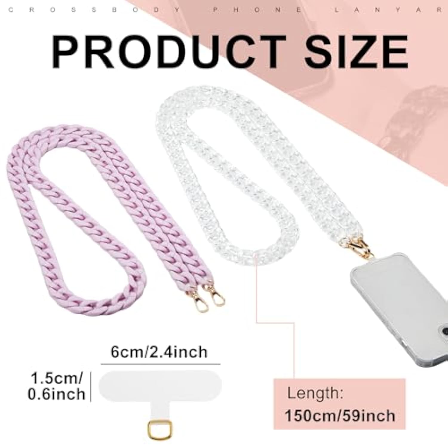 2 Pcs Crossbody Phone Lanyard Chain Charm Cell Phone Straps Compatible With Universal Cases 59 Inch(Clear, Purple)