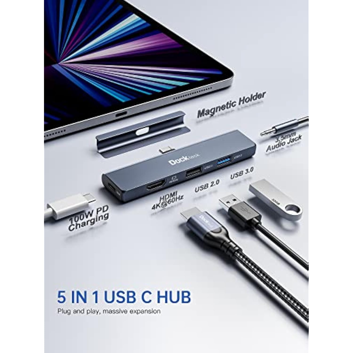 Ipad Pro Usb C Hub Multiport Adapter - Usbc Hub 5 In 1 With 100W Pd, 4K 60Hz H