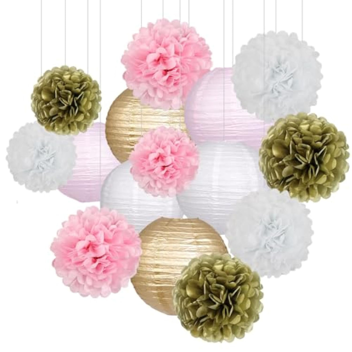Pink And Gold Party Decorations, Pink Gold Paper Lanterns And Pom Poms Flowers For Birthday Baby Showers Engagement Tea Party Decor 15 Pieces