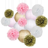 Pink And Gold Party Decorations, Pink Gold Paper Lanterns And Pom Poms Flowers For Birthday Baby Showers Engagement Tea Party Decor 15 Pieces